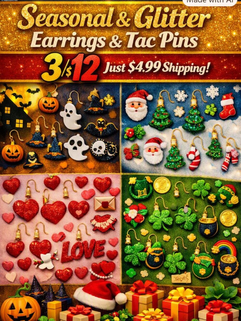 3/$12 ALL SEASONAL & GLITTERED EARRINGS & TAC PINS $4.99 SHIPPING